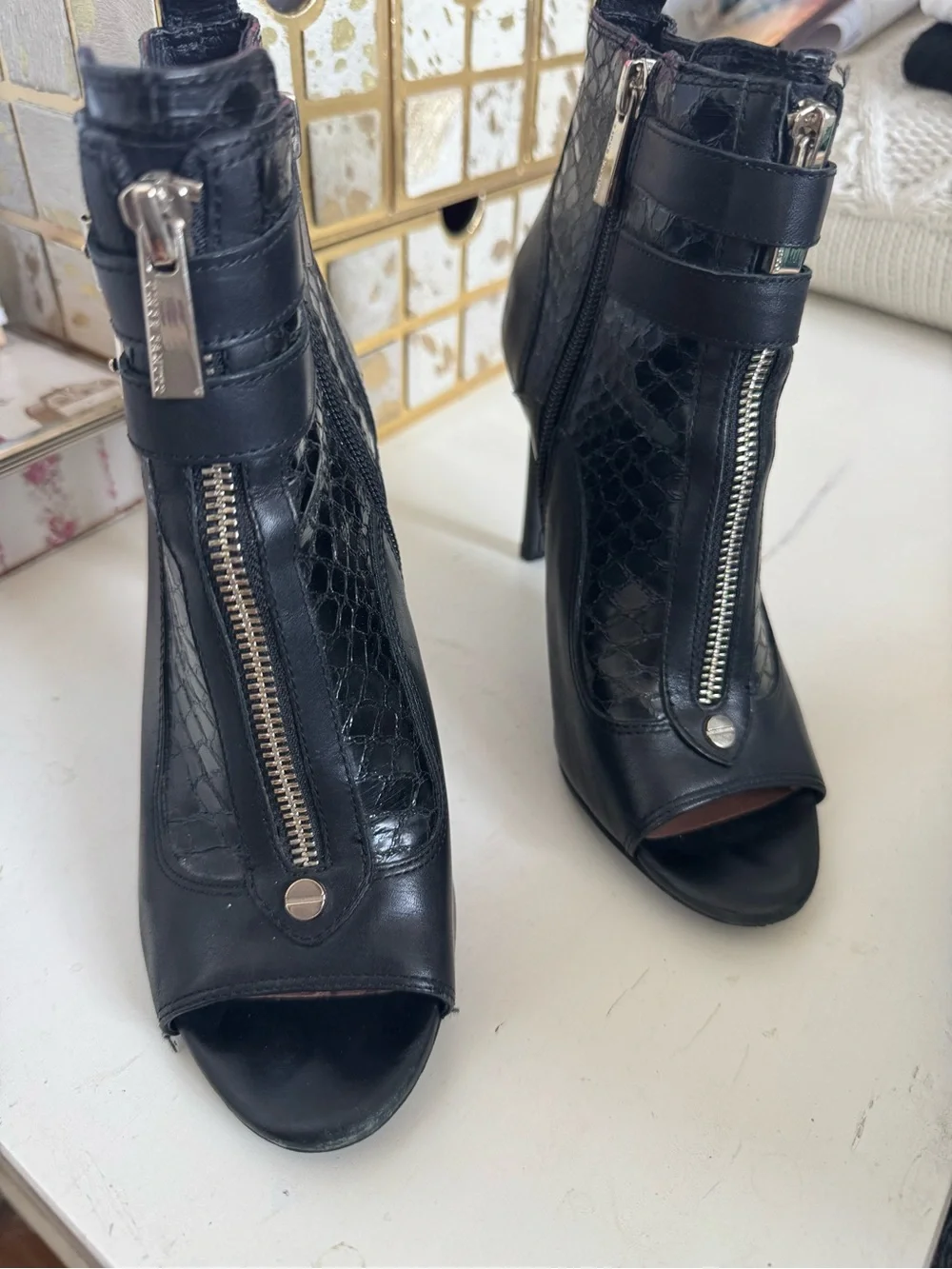 Vince Camuto Kammie Black Peep-Toe Ankle Booties with Front Zipper & Buckles
